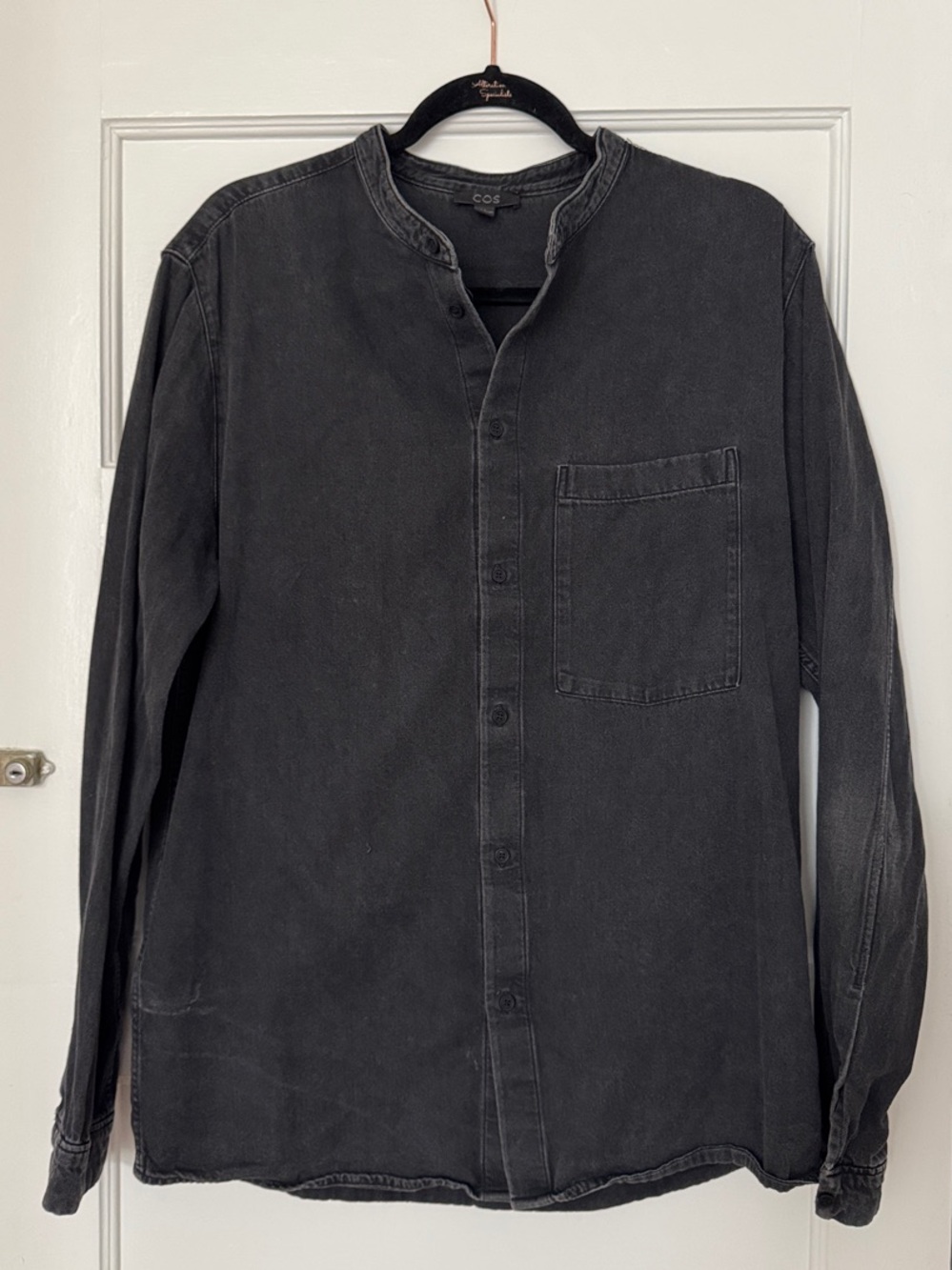 COS Men’s Black Collarless Button-Down Shirt